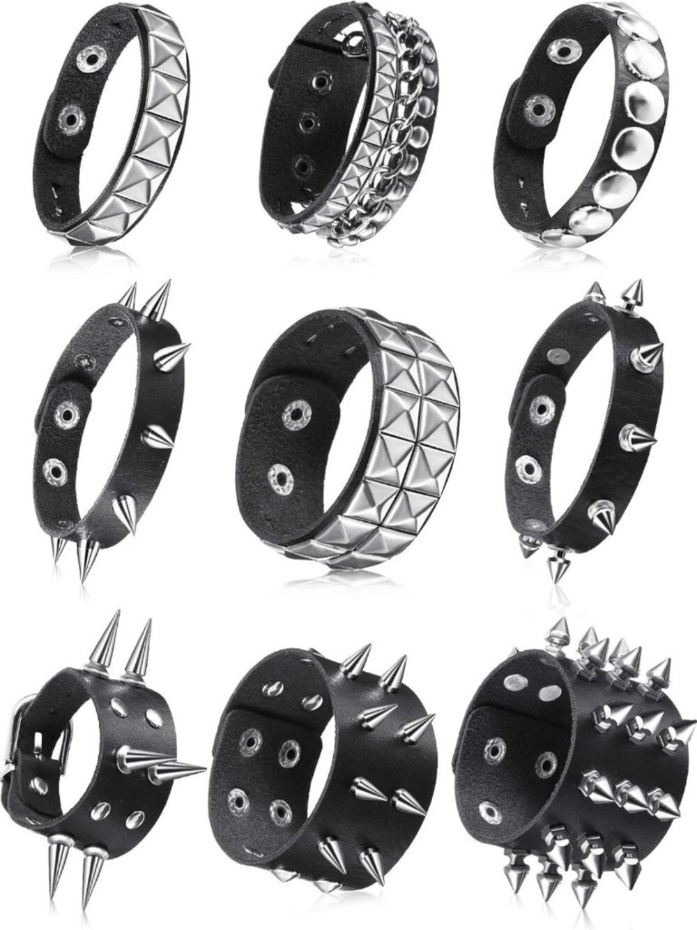 Punk Leather Spiked Studded Bracelets Set - 9 Pcs Edgy Bangles for Bold Style